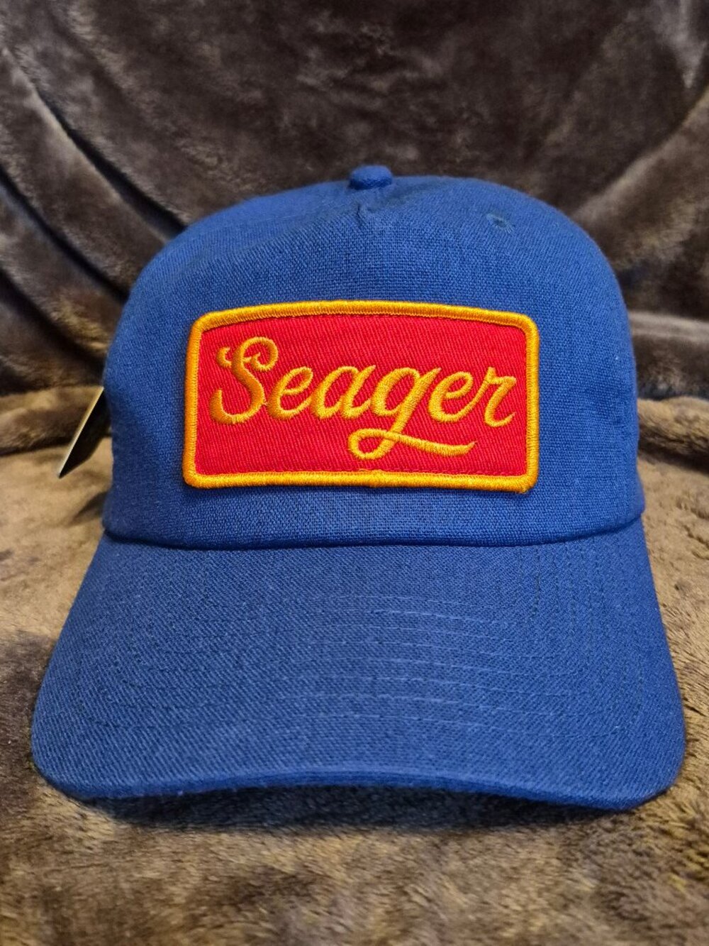 Seager Uncle Bill Hemp Hat Cap Blue Red Logo Patch Outdoor Snap Back NWT